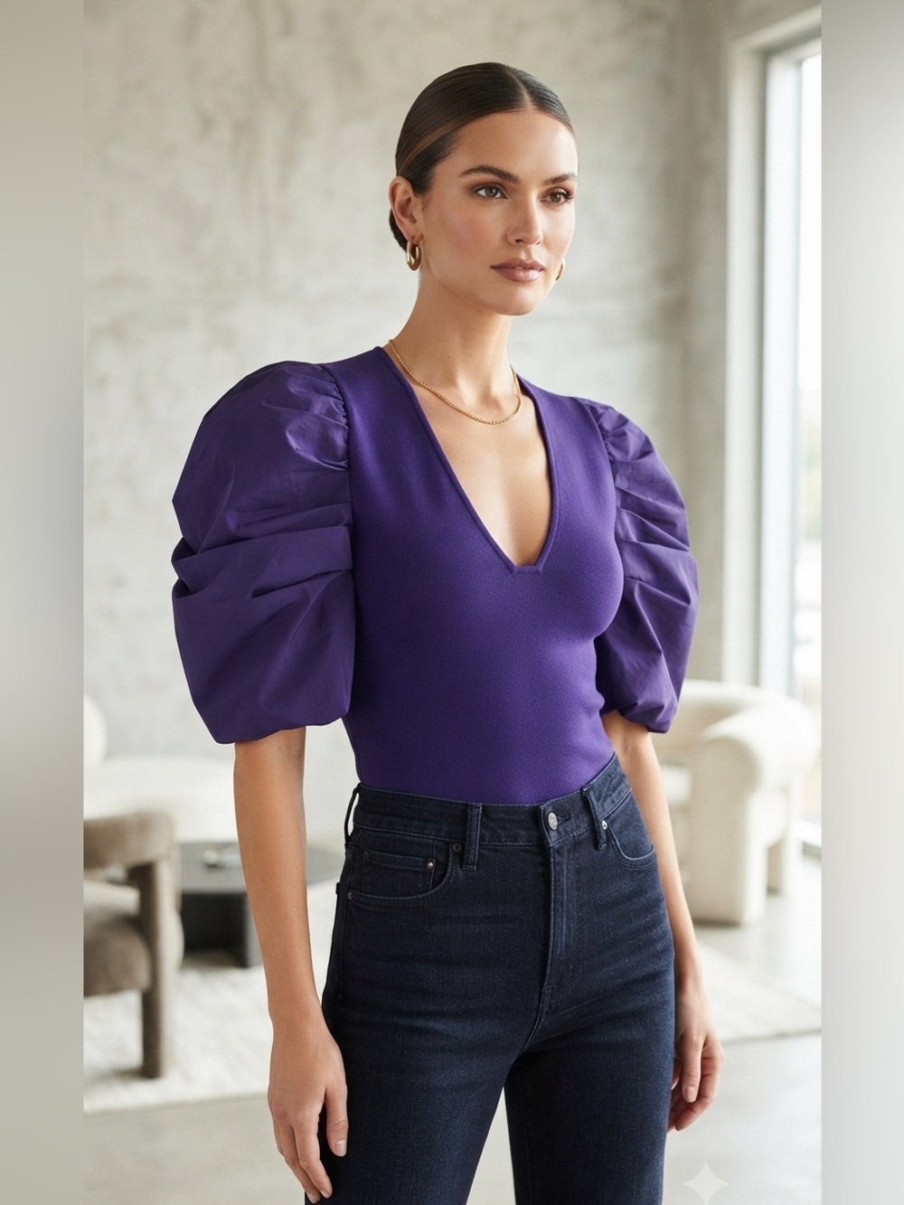 Express Purple Taffeta Puff Sleeve Knit Blouse Top Size Large NWT
